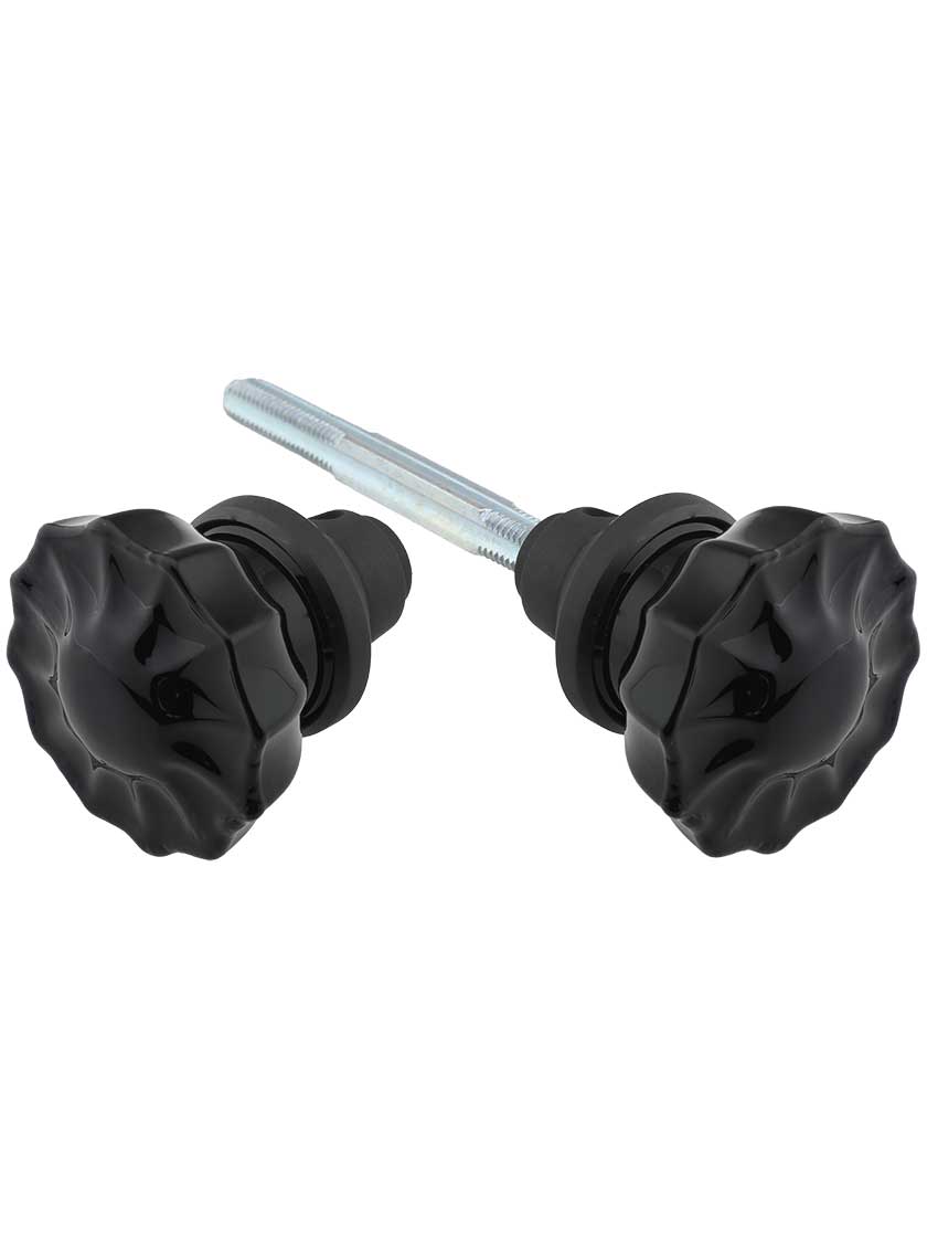 Pair of Black Fluted Crystal Glass Door Knobs